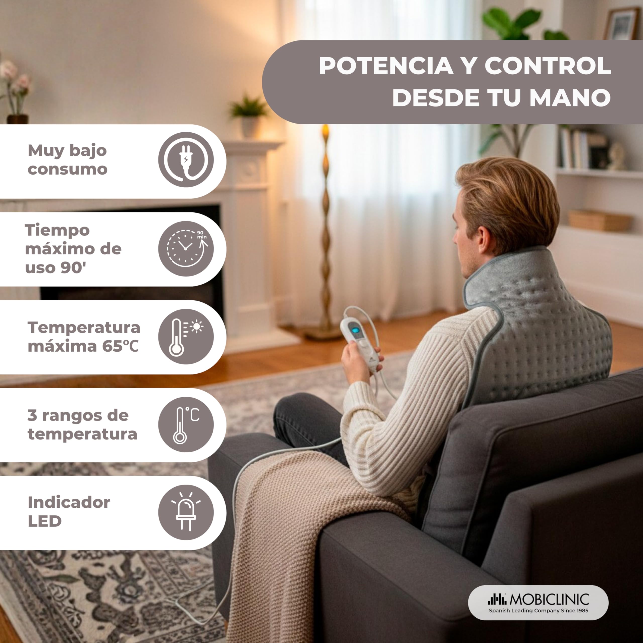 Mobiclinic, Almohadilla eléctrica, Dorsal y cervical, 62x43, Muy bajo consumo, 100w, Térmica, 3 niveles de calor, Apagado automático, Lavable, Para espalda, Esterilla