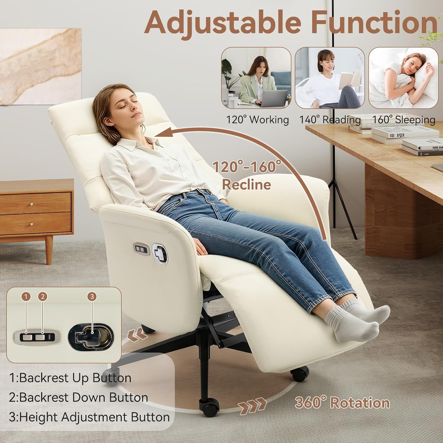 ECOTOUGE Ergonomic PU Leather Recliner Chair with Footrest, Electric Executive Office Chair for Home Office, Adjustable Seat Height and Backrest, 330 lbs Capacity, Beige