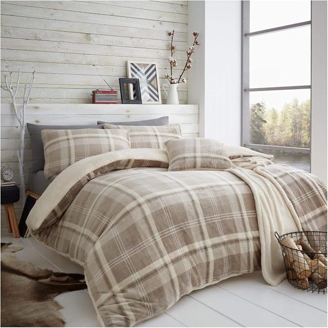 GC GAVENO CAVAILIA Teddy Fleece Check Duvet Set Double Bed, Soft & Fluffy Thermal Quilt Checked Bedding, Natural