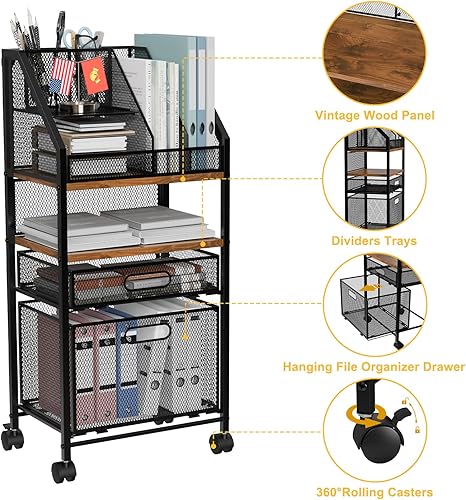 Miniatura 4 de Carro de archivo con 2 cajones, carrito de almacenamiento móvil de metal con ruedas bloqueables, organizador de archivos rodantes de madera y malla,