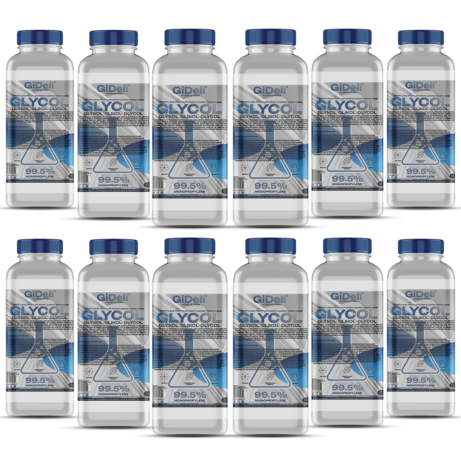 GiDeli Propylène glycol 99,5 %, 12 x 1 l, solvant monopropylène glycol (PG) pour cosmétiques, pharmaceutiques, industries, laboratoires et applications techniques