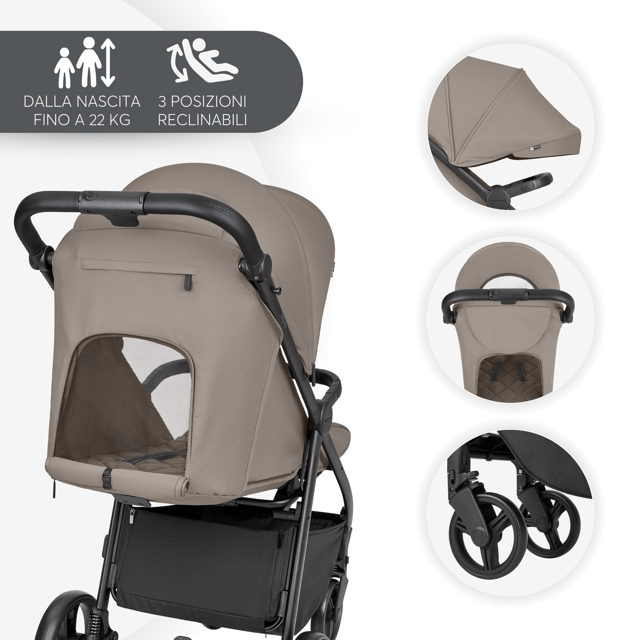 KikkaBoo Passeggino Leggero da Viaggio URBAN, 0+ Mesi fino 22 kg, Pieghevole Automatico, Beige