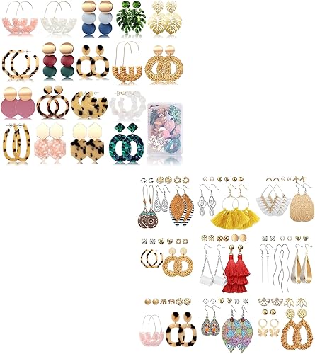 FIFATA 47 pares de aretes de piel de ratán con borla bohemia + 18 pares de aretes llamativos para mujer, Ratán Resina Acrílico Cuero Zirconia cúbica
