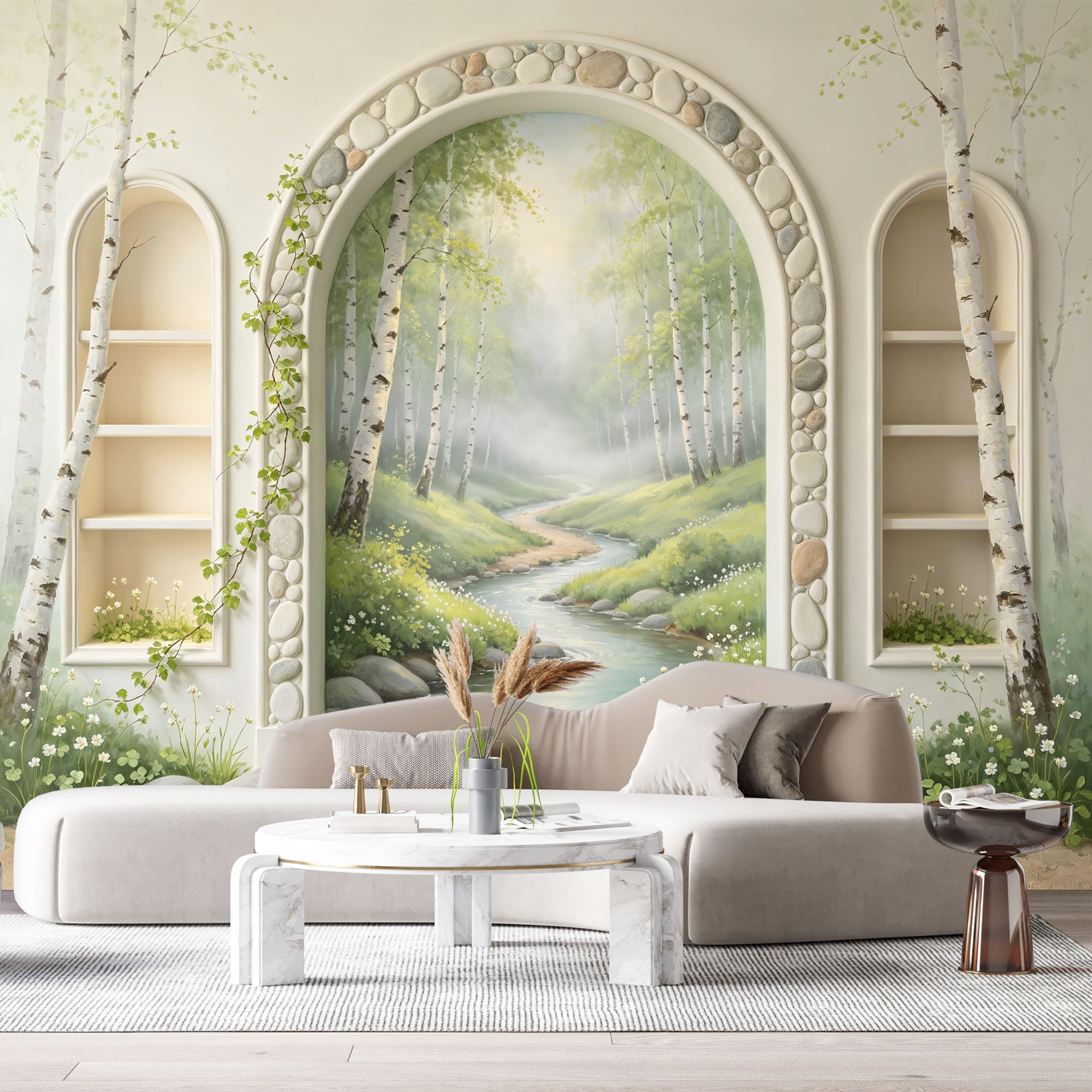 Custom Size Wall Murals Birch Forest River Landscape 3D Trompe L'Oeil SelfAdhesiveWall Fabric Removable Wallpaper Wall Decor for Living Room Bedroom Bathroom