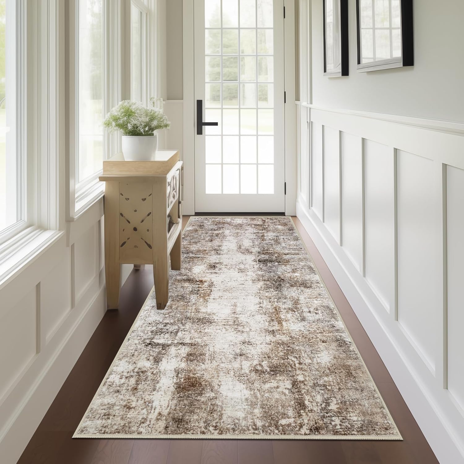 Capslpad 2x6 Brown Abstract Hallway Runner, Ultra Soft Fabric Washable Runner Rug, Non-Slip Rubber Backing, Stain Resistant Low Pile Runners for Hallways, Kitchen, Entryway, Bedroom, Laundry