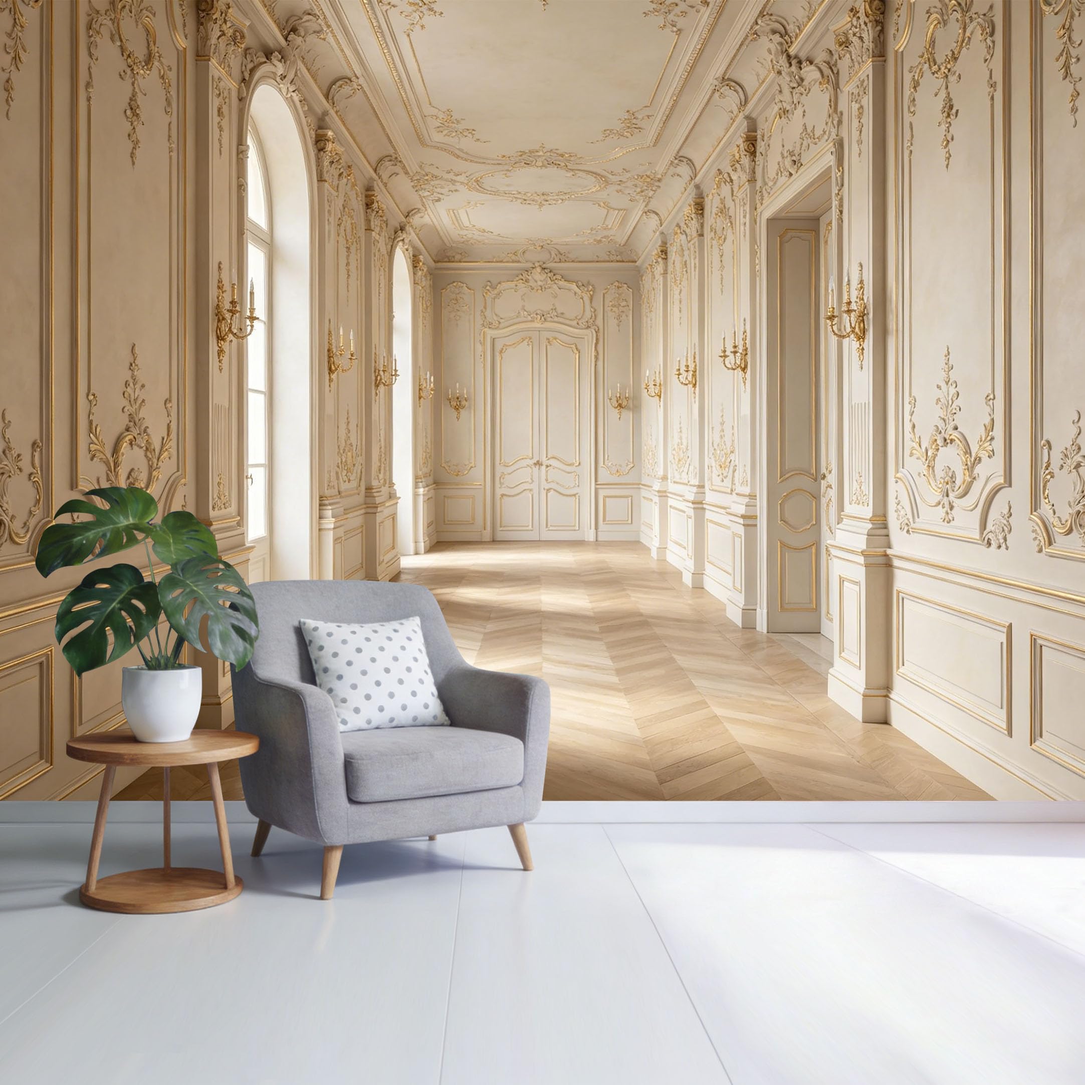 Custom Size Wall Mural Elegant Neoclassical Palace Interior Golden Ornamental Panels Arched Corridor SelfAdhesive Wall Fabric Removable Wallpaper for Home Office Decor