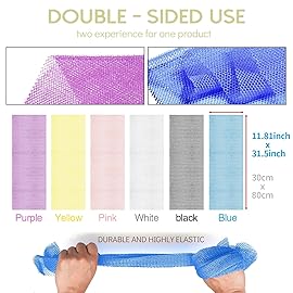 UJFQBH 6 Pieces African Bath Sponge African Net Long Net Bath Sponge Exfoliating Shower Body Scrubber Back Scrubber Skin Smoother,Great for Daily Use (Pink, Yellow, Purple, Blue, Black, Off-White)