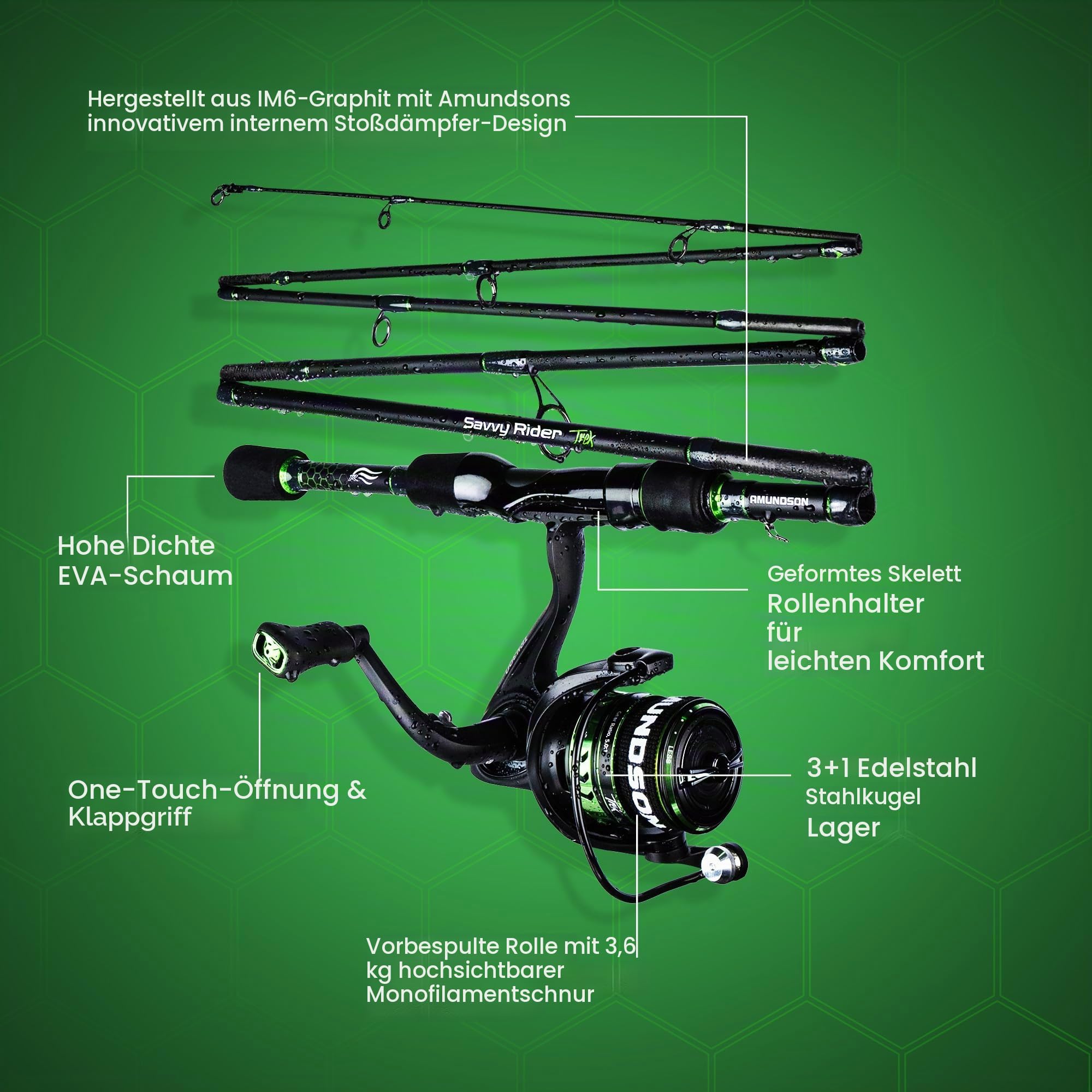 Amundson - Trek Angelrute & Rolle - IM6 Graphit Carbon Rute - Angelset für Camping, Wandern & Kajak - für Süß- und Salzwasser & alle Jahreszeiten geeignet - Für Anfänger & Angler