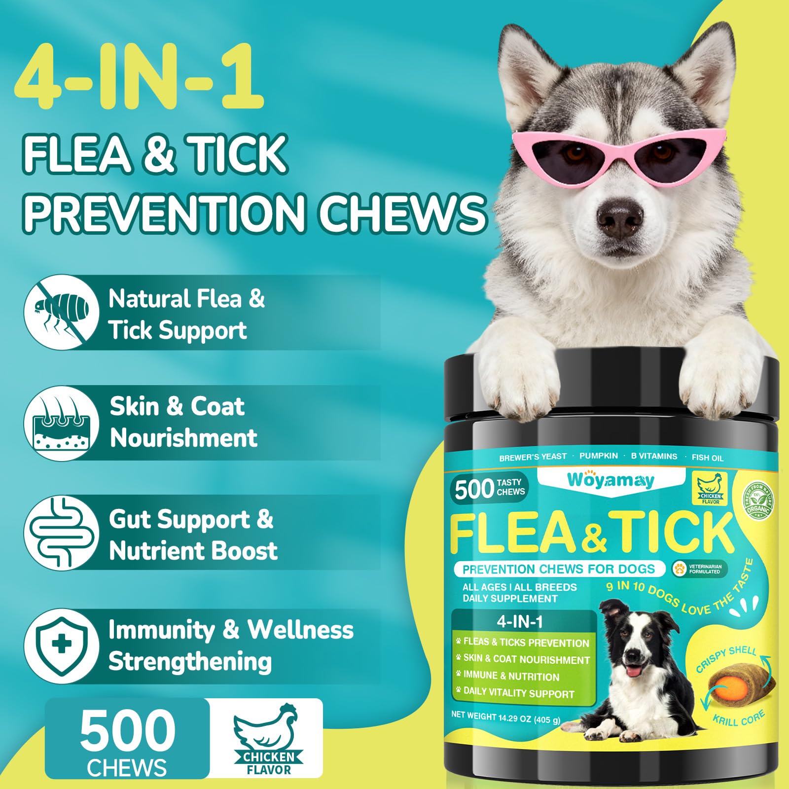4-IN-1 Flea and Tick Prevention for Dogs, 500 Crunchy Dog Flea Chews, Dog Flea Treatment, Natural Oral Flea Treatment for Dogs, Daily Support for Flea, Skin & Coat, Gut, Immune, Chicken Flavor