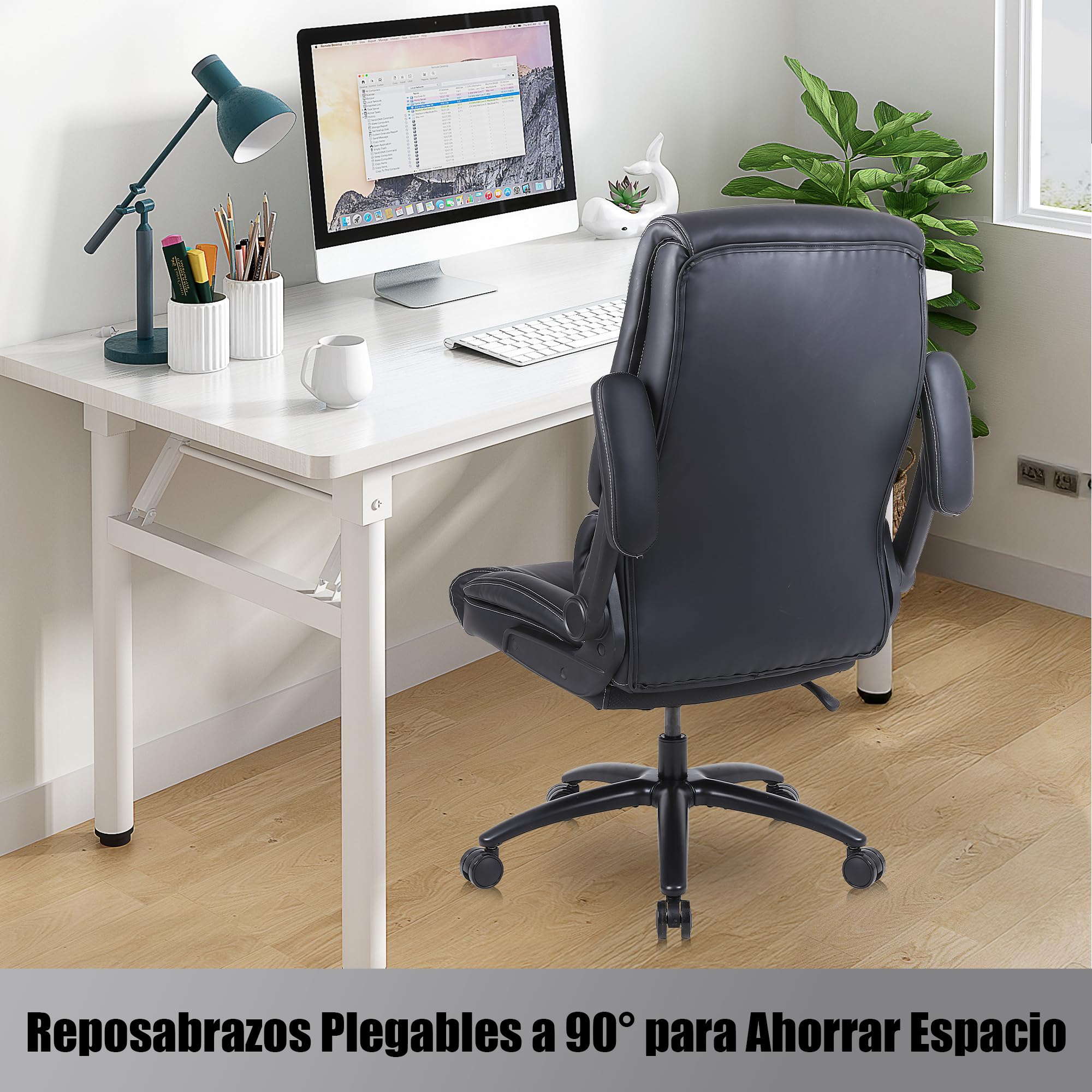 Youhauchair Silla Escritorio, Silla Oficina de 200 kg para Personas Pesadas, Silla Ergonomica Escritorio con Reposabrazos Abatibles, Sillas Escritorio de Cuero PU, Respaldo Alto, Negro