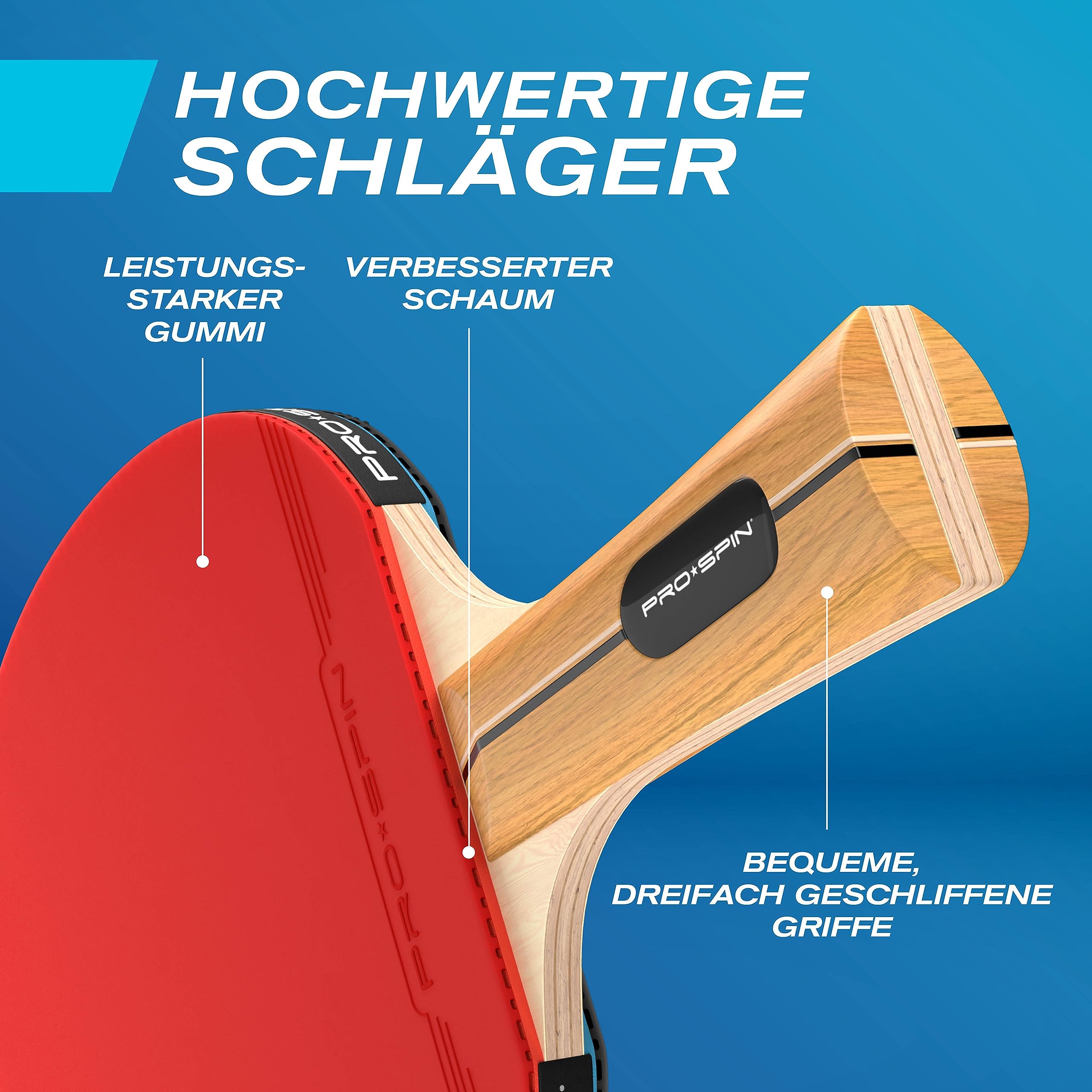 PRO-SPIN Tischtennisschläger Set - Mit Tischtennisnetz Für Jeden Tisch, Tischtennis bälle 3-Sterne, Tasche/Hülle | Ausziehbares Mobiles Tischtennis Netz | Tolles Geschenk & Spiele