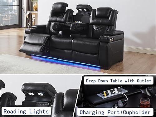 Miniatura 4 de THSUPER Juego de sofás reclinables de cuero transpirable con potencia con luz LED, asientos reclinables de cine en casa con reposacabezas Negro