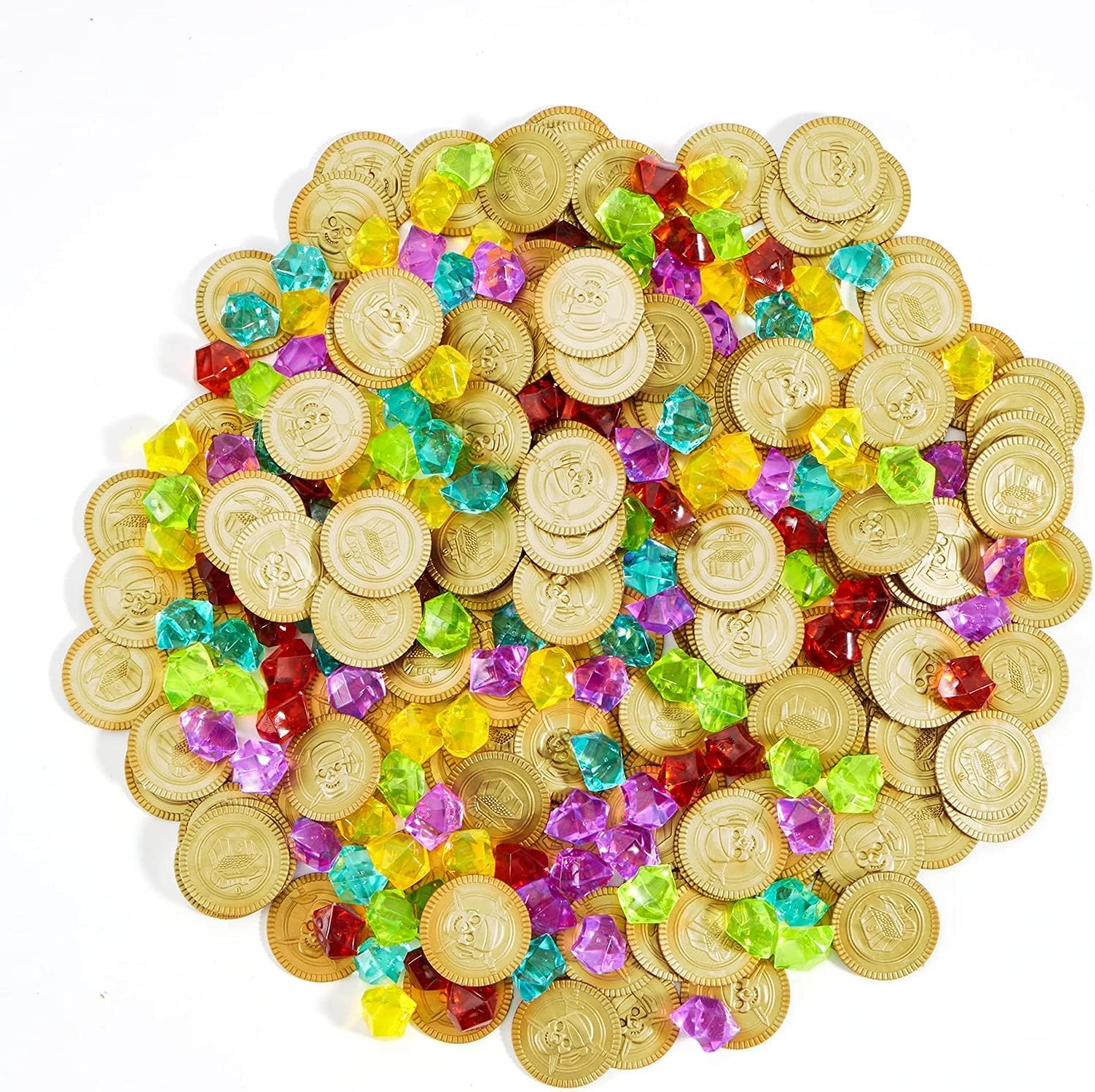 YLMKDEToy 160 Pieces Pirate Gold Coins and Pirate Gems Jewelry Playset Pack Party Favor,Party Favors Goodie Bag Stuffers, Bulk Toys for Classroom Prizes Birthdays Gift Boys and Girls