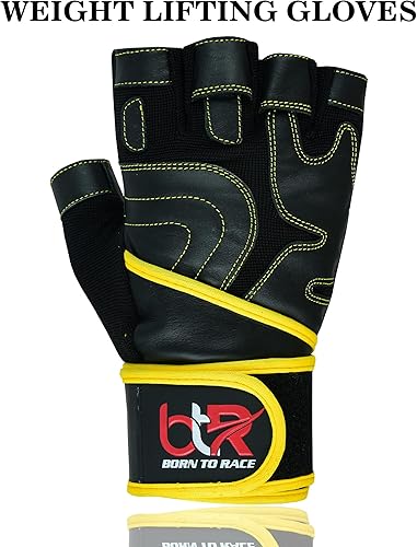 Miniatura 6 de BTR BORN TO RACE Guantes de levantamiento de pesas de cuero de vaca sin dedos acolchados para culturismo largo muñeca soporte gimnasio ejercicio