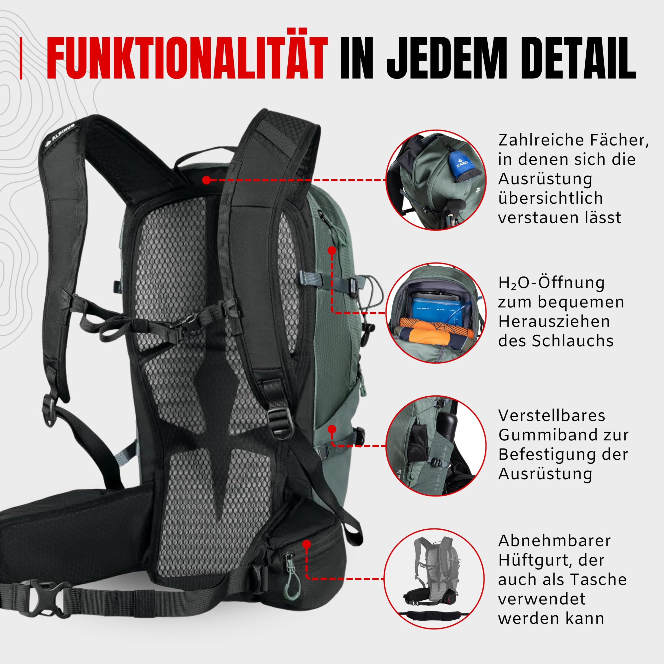 Alpinus - Negoiu 20L Plecak turystyczny, plecak sportowy i outdoorowy, trekkingowy z materiału odpornego na ścieranie, na jednodniowe wycieczki, plecaki turystyczne, ergonomiczny- szałwiowy zielony