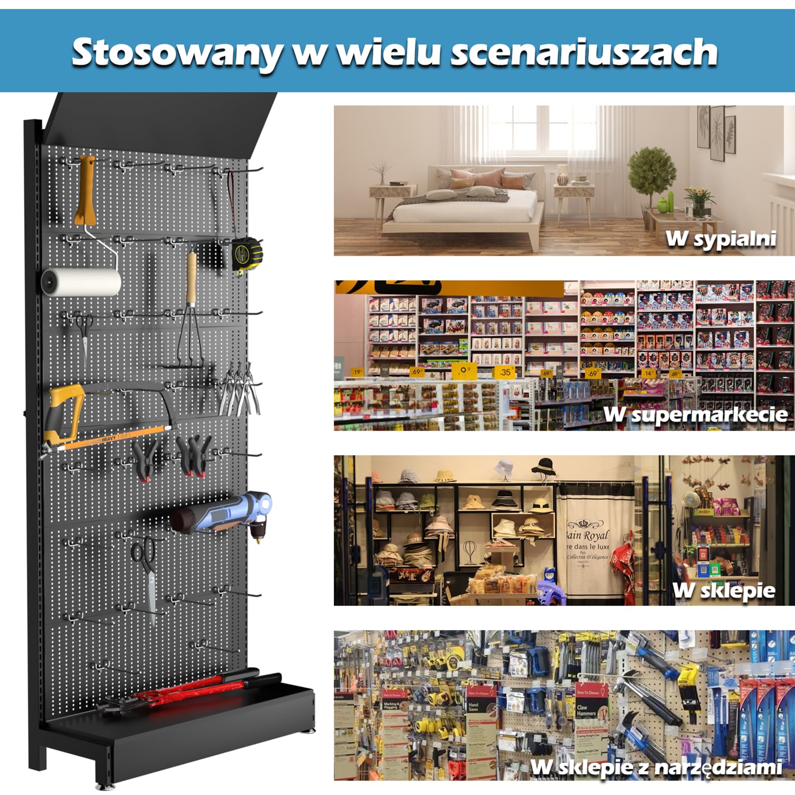 Regał na kratki, 30 haczyków, metalowy stojak (czarny uchwyt na płytę osłonową)