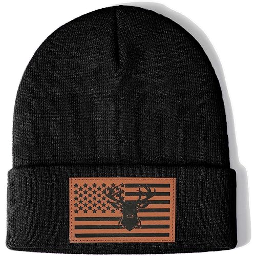 Ameican Flag Hunting Fishing Gifts Beanie Hat for Men Grandpa Dad Husband Hunters Deer Duck Retirement Gifts Gear Stuff
