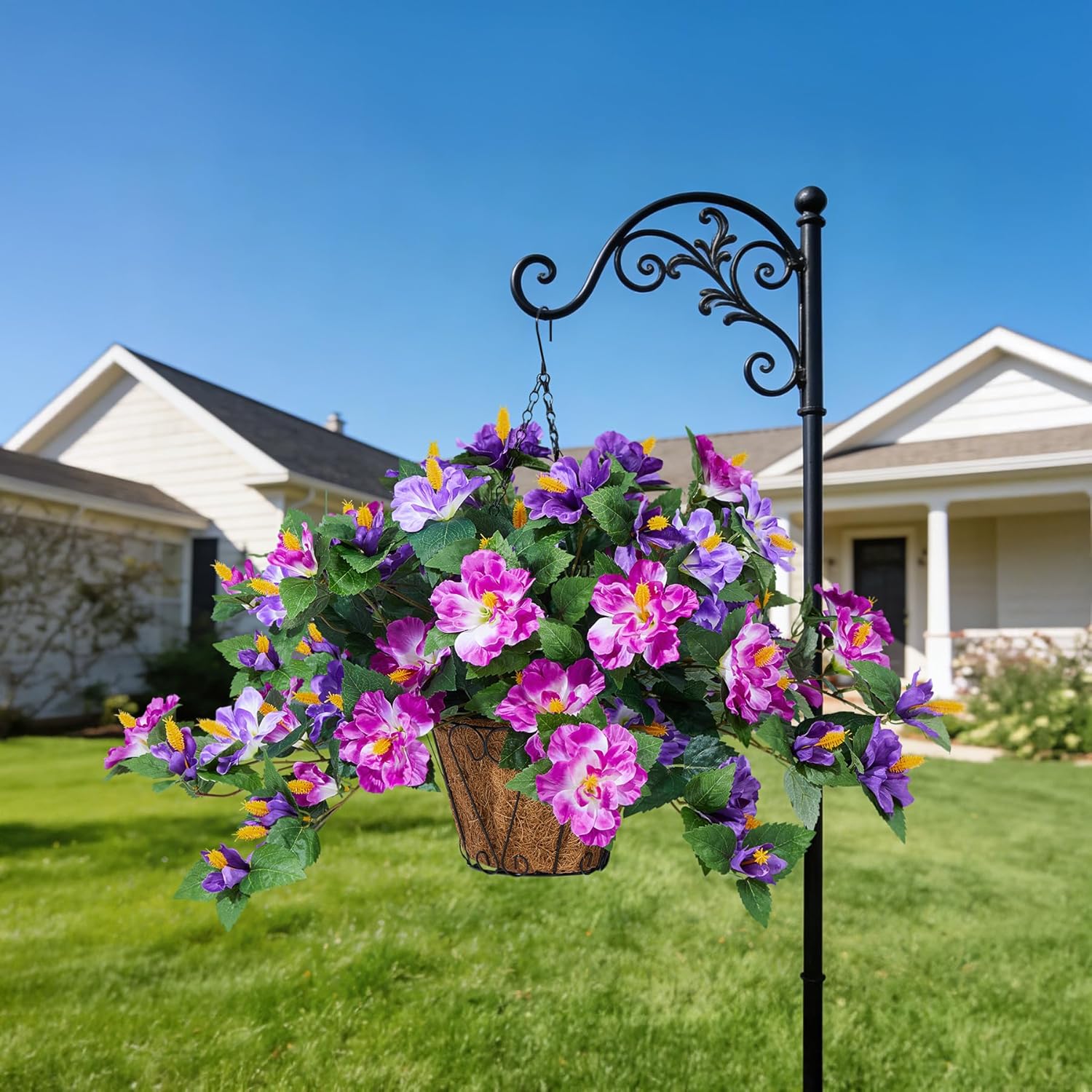 INXUGAO Artificial Flowers for Outdoors Indoors,3 Bunches Fake Hibiscus with Hanging Basket Realistic UV Resistant Silk Flower Leaves,Faux Plant for Outside Home Patio Garden Poch(Purple,Fuchsia)