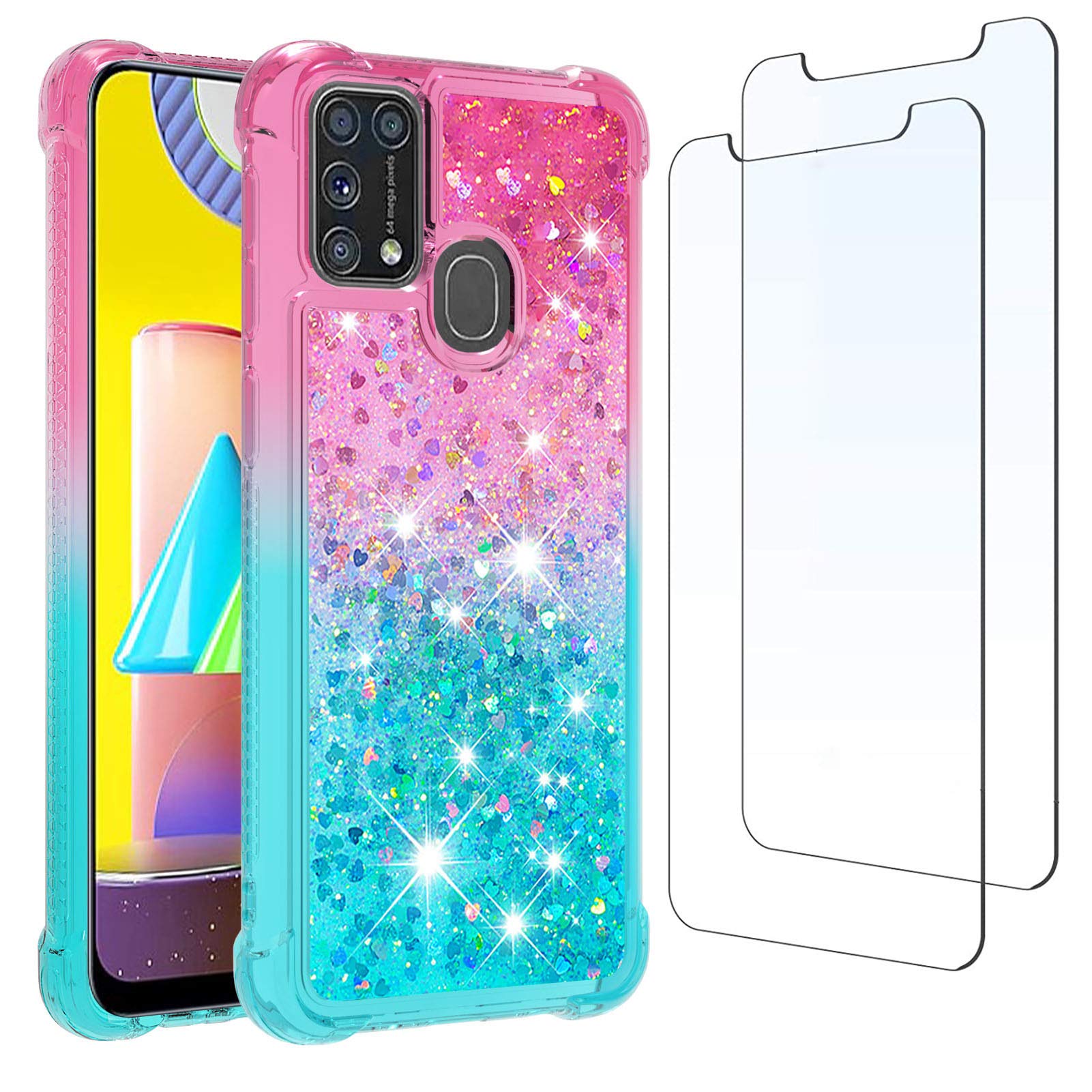 for Samsung Galaxy M31 Case and [2 Pack] Screen Protector Tempered Glass, Glitter Clear Liquid Sparkly Crystal Silicone Cover (Pink/Blue)