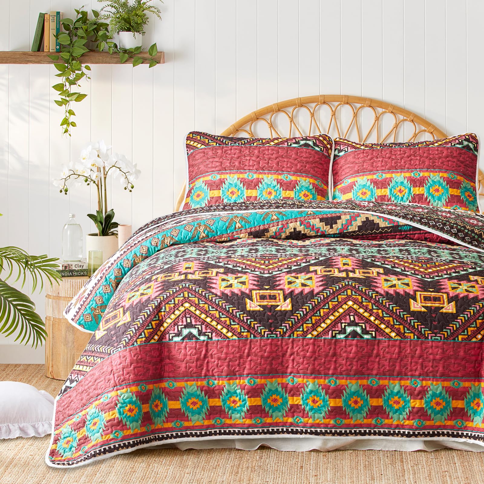 3 Pieces Colorful Bohemian Quilt Set Full Queen Size, Burgundy n Brown Boho Striped Printed Bedding Bedspread Coverlet Set for Summer, Soft Lightweight Microfiber Quilt with 2 Shams (88x88 inces)