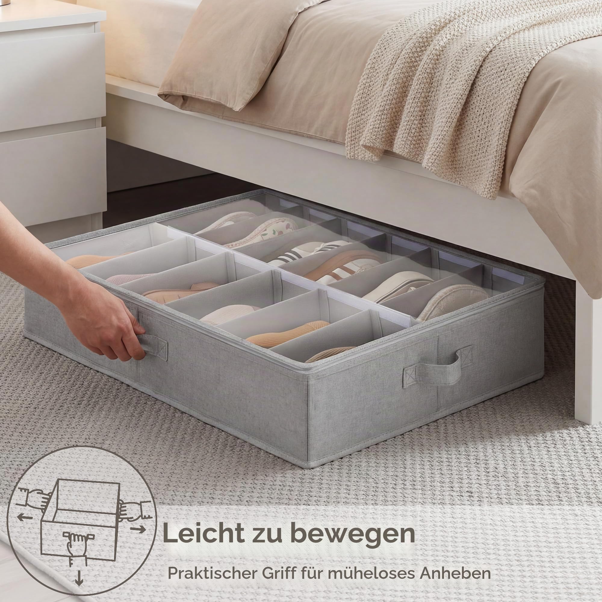 StorageWorks Unterbett Aufbewahrungsboxen, Stoff Unter-Schuhaufbewahrung mit transparentem Deckel für bis zu 24 Paar, faltbare Unterbettkommode mit verstellbaren Trennwänden, grau grau, 2 Stück
