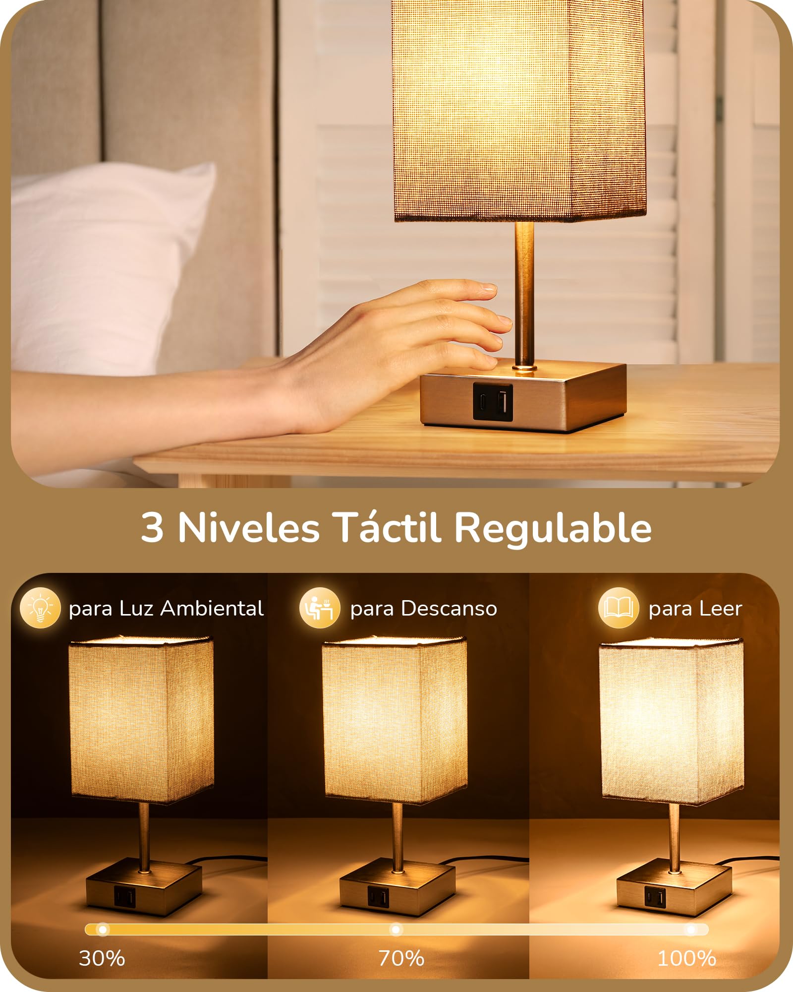 EDISHINE Lámpara de Noche LED Regulable Táctil 2 Lámparas de Mesa Modernas Lámpara 2 USB Puertos de Carga para Dormitorio Salón Alféizar Regalo Pantalla Gris