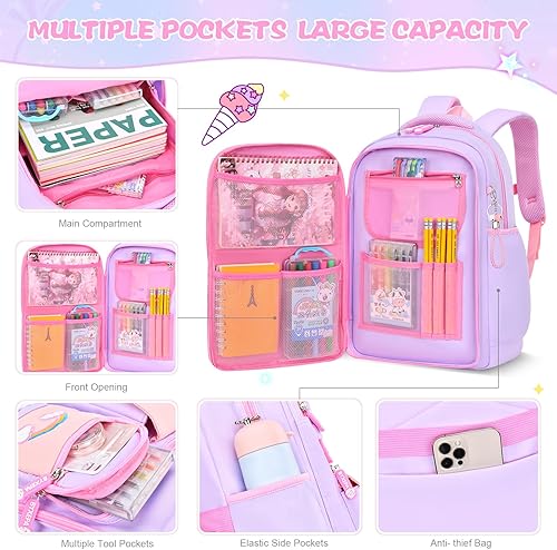 Miniatura 4 de BYXEPA Mochila para niñas, mochilas escolares Kawaii para niños con bonitos accesorios de pin para niñas, Melocotón, Mochilas de mochila