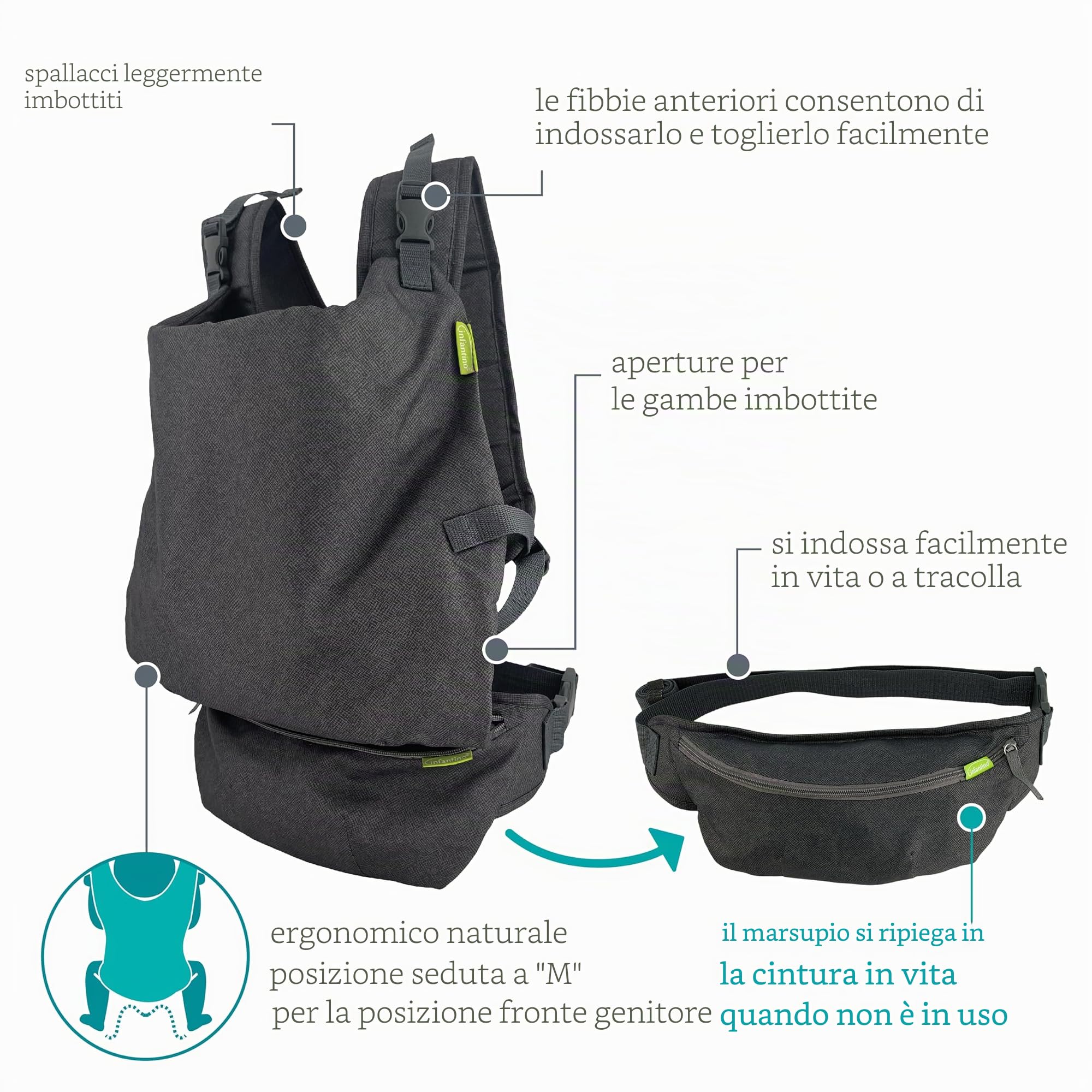 Infantino Fold & Go 2-in-1 Marsupio Neonato, Compatto e Leggero, Regolabile, per Bambini di Peso Compreso tra i 5,5 e 18 kg, Grigio
