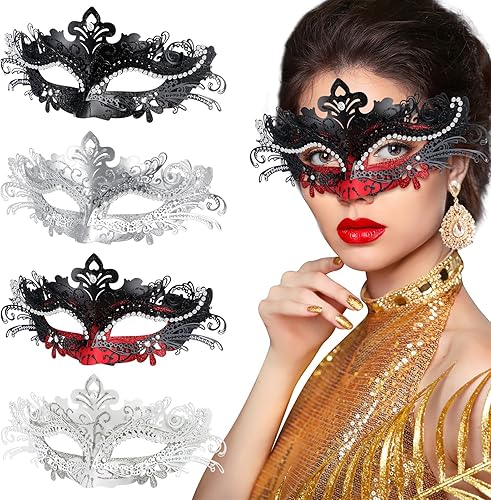 Liliful 4 máscaras venecianas de Mardi Gras para mujer, máscara veneciana de metal brillante con diamantes de imitación para fiesta de graduación,