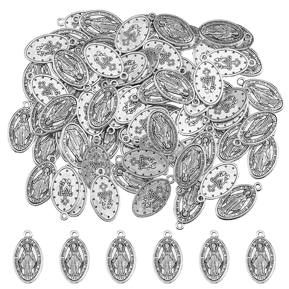 DICOSMETIC 80pcs Antique Silver Alloy Religious Oval Medal Religious Virgin Mary Pendant Milagrosa Medals Pray for DIY Jewelry Making, Hole: 1.8mm