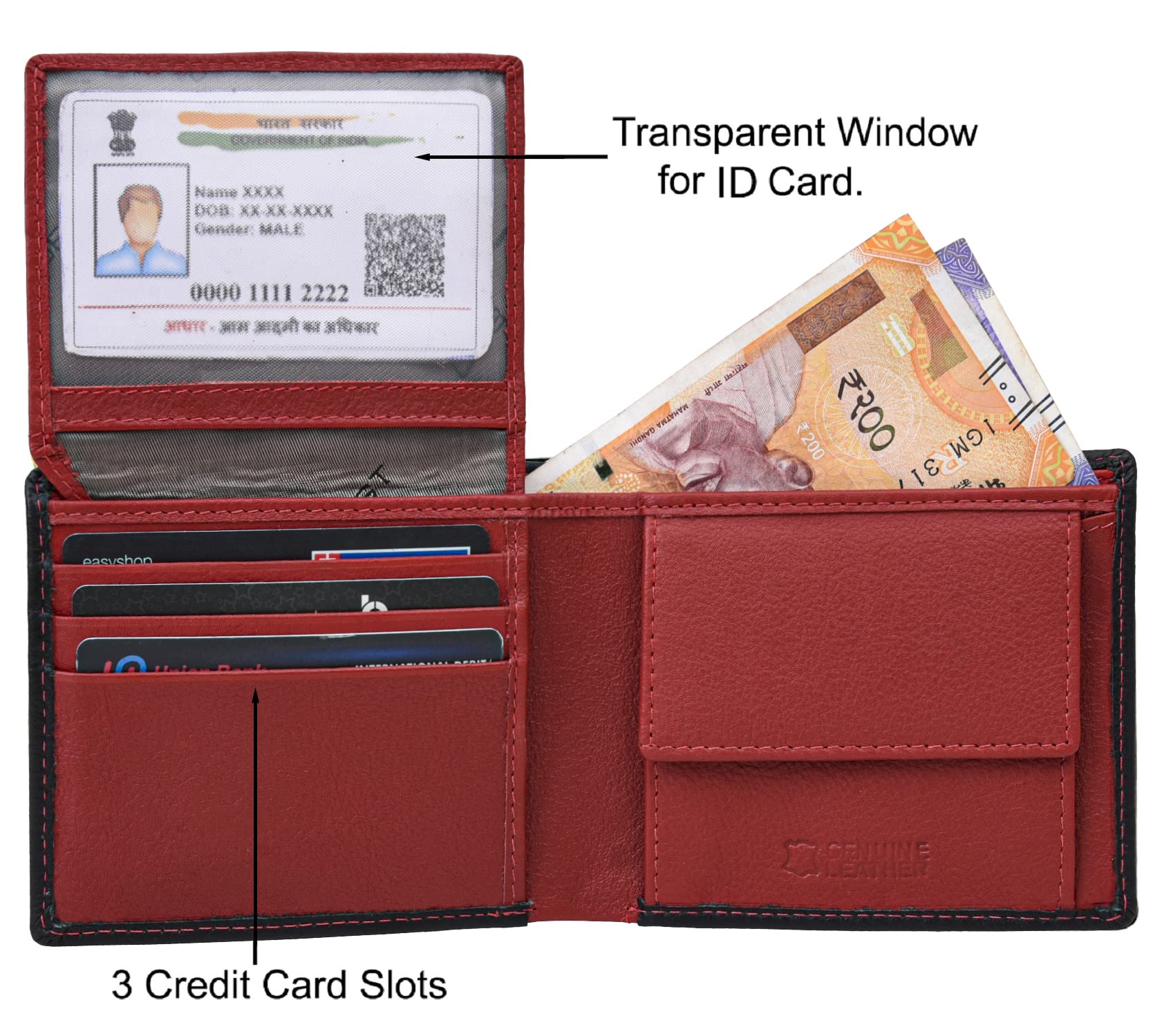 URBAN FOREST Kyle RFID Blocking Black/Red Leather Wallet for Men. - Image 4 thumbnail