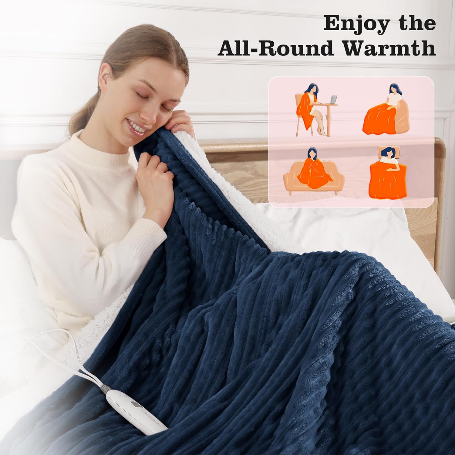 Heated Blanket Twin Size Electric Blankets - 62x84'' Electric Heated Blankets with 5 Heat Setting & 10hrs Auto Off, Small Lap Heat Blanket for Couch, FCC & ETL Certified, Warm Winter Gifts (Navy Blue) - Image 7