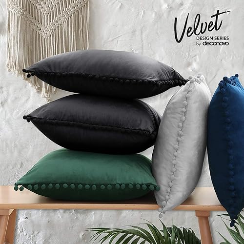 Vista 207 de Deconovo Juego de 2 fundas de almohada de terciopelo, 20 x 20 pulgadas, color verde azulado, cuadradas, con pompones, suaves, con cremallera