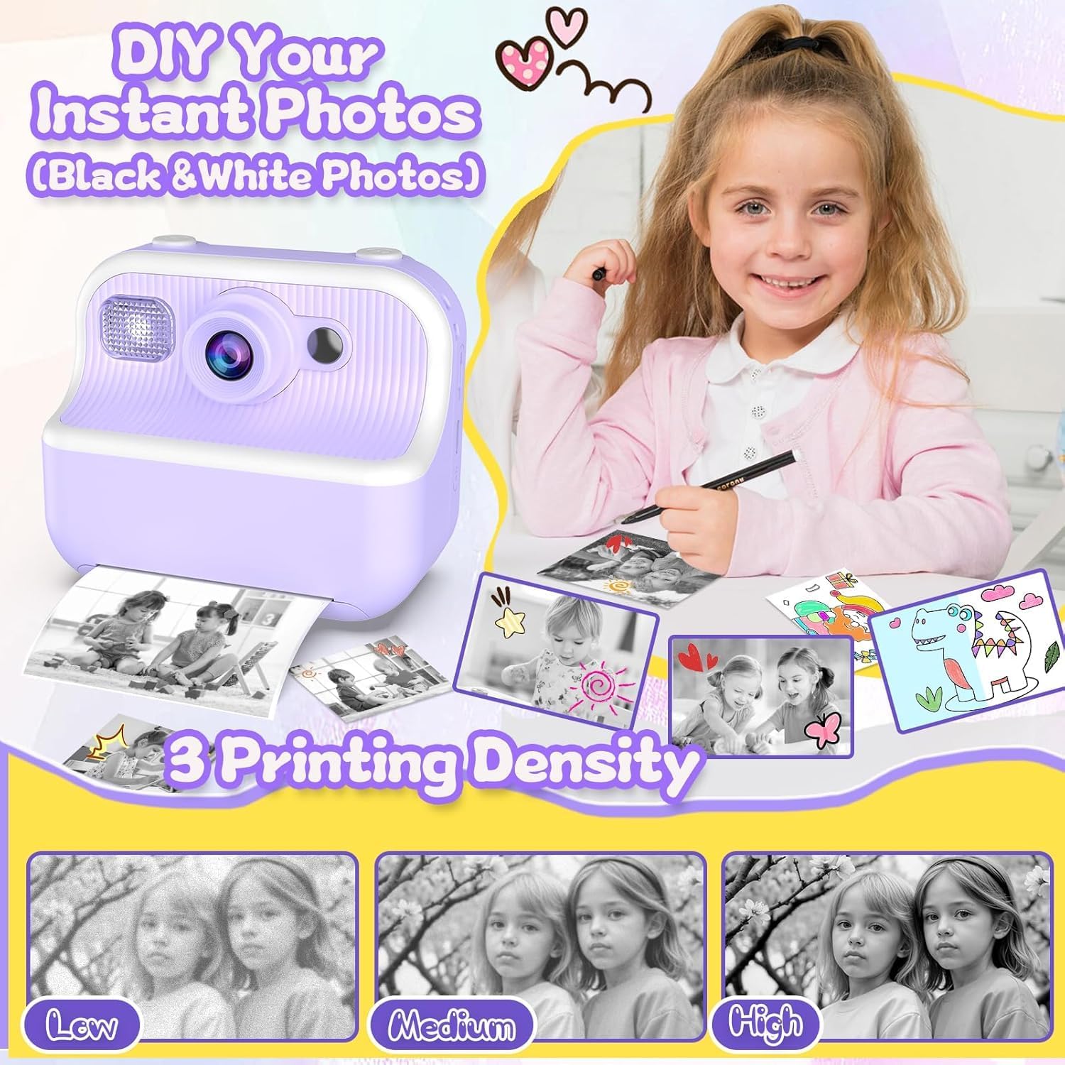 Kids Camera Instant Print, Toys for 3-12 Year Old Girls Christmas Birthday Gifts, 48MP Kids Selfie Digital Camera, 1080P HD Children Video Recorder, 2.4" Toddler Camera with Print Paper