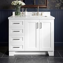 DKB Emilia 42-Inch White Bathroom Vanity with Sink, Solid Wood Cabinet, Italian Carrara Marble Top 1.5" Edge, Right Rectangular Single Sink, 2 Soft Closing Doors, 5 Drawers, Toe Kick