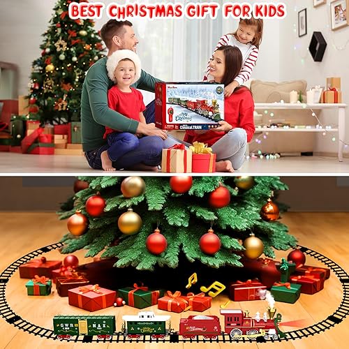 Miniatura 6 de Hot Bee Juego de tren de Navidad, tren de control remoto para juguetes de tren de árbol de Navidad con humo realista, luces y sonidos, tren de