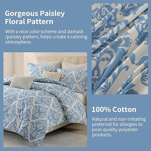 Miniatura 5 de PERHOM Funda de edredón azul Queen  Funda de edredón de damasco de cachemira tamaño Queen, juego de funda de edredón de 3 piezas, 100% algodón,