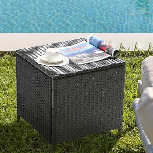 Miniatura 2 de Patiorama Mesa auxiliar para exteriores con almacenamiento, mesa de centro de mimbre para patio, mesa auxiliar de ratán de polietileno para todo