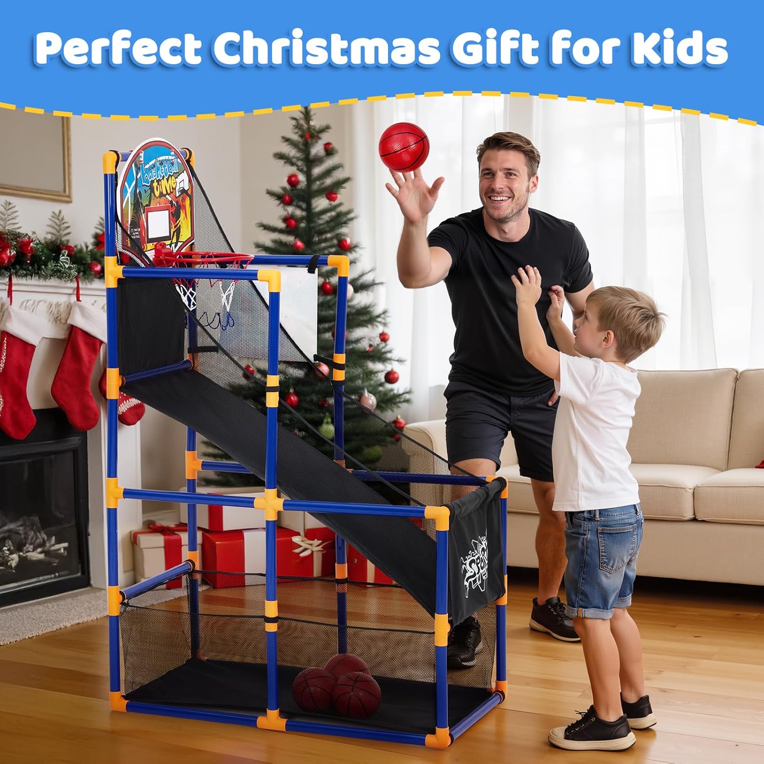 2-in-1 Kids Basketball Arcade Game Set with 4 Balls & 6 Sticky Toss Balls – Indoor & Outdoor Basketball Hoop and Dart Game, Height Adjustable Sports Toy with Ball Return Ramp for Boys & Girls Ages 3+