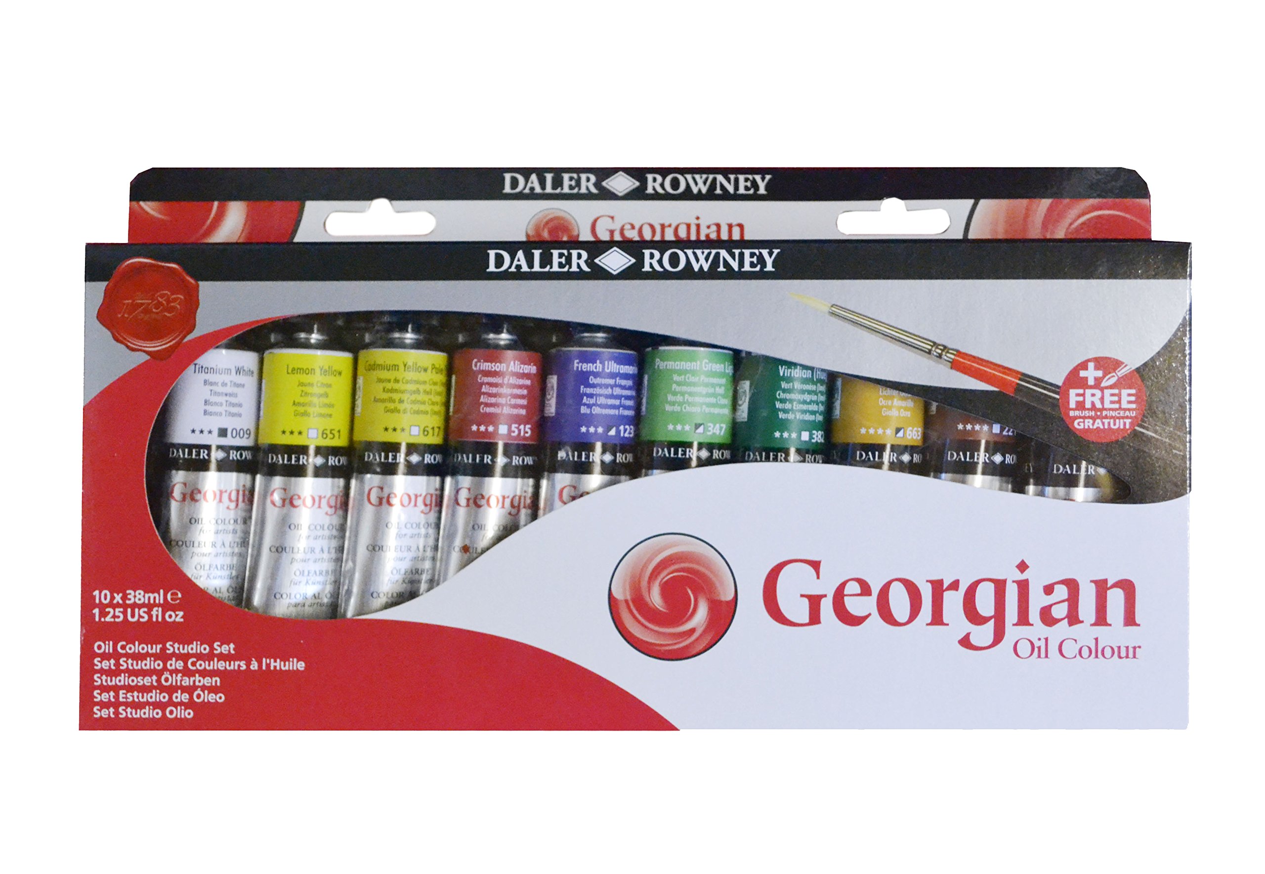 Daler-Rowney Georgian Ölfarbe, Aluminiumtube, 36.3 g - 38 ml, Studio-Set, 10 verschiedene Farben + 1 georgischer Ölpinsel