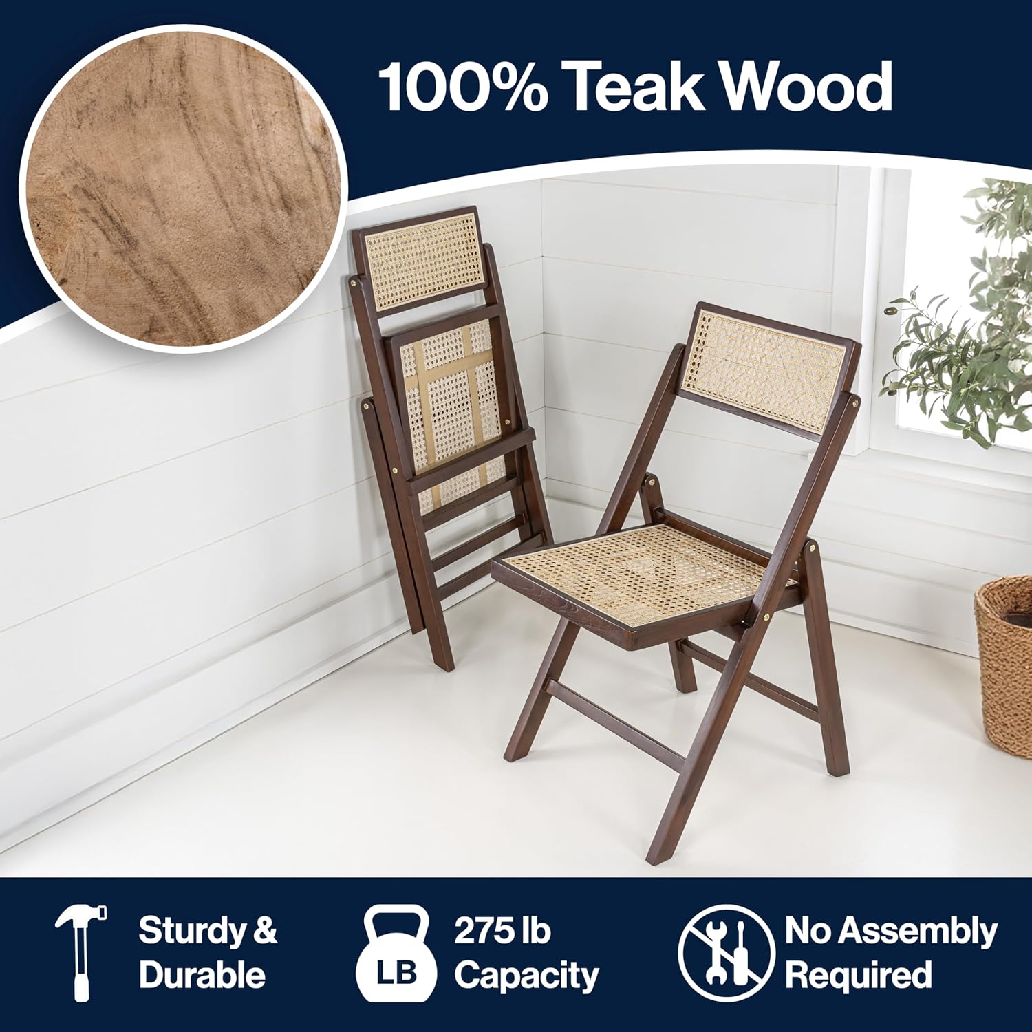 JONATHAN Y FLD1000B-SET2 Theo Mid-Century Vintage Wood Rattan Folding Chair with Adjustable Back Modern, Traditional, Bohemian, Classic, Scandinavian, Minimalist, Dark Brown (Set of 2)