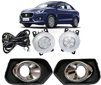 Autofasters Chrome Bezel For ew Maruti Suzuki Dzire 2018 With 6 Led Car Fog Lights With DRL Ring (White)