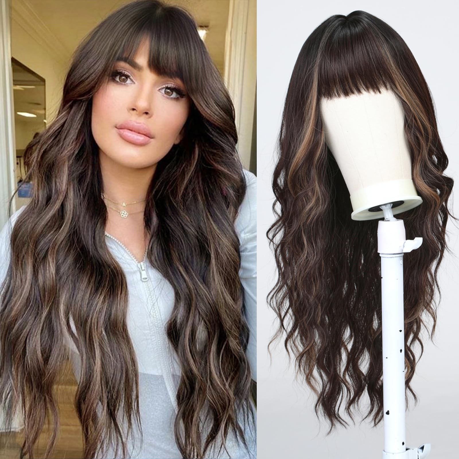 Esmee Long Wavy Brown with Highlight Wigs for Women with Fringe Natural Synthetic Hair Wig for Daily & Party Use