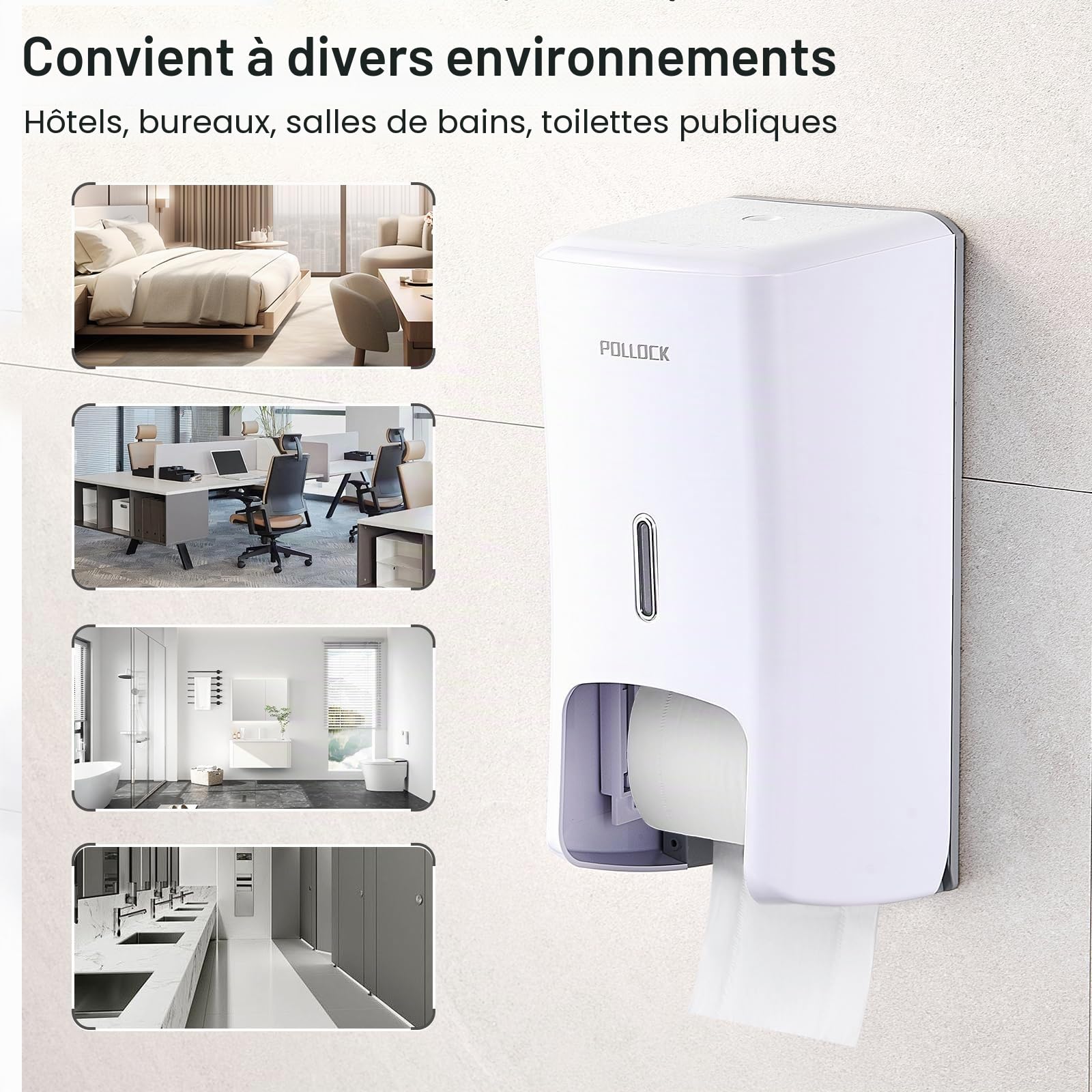 Pollock Distributeur Murale Double pour Papier Toilette, Distributeur de Papier Toilette 2 Rouleaux | avec verrou | sans perçage | Grande capacité | Mural Double Rouleau, pour Usage Commercial, Blanc