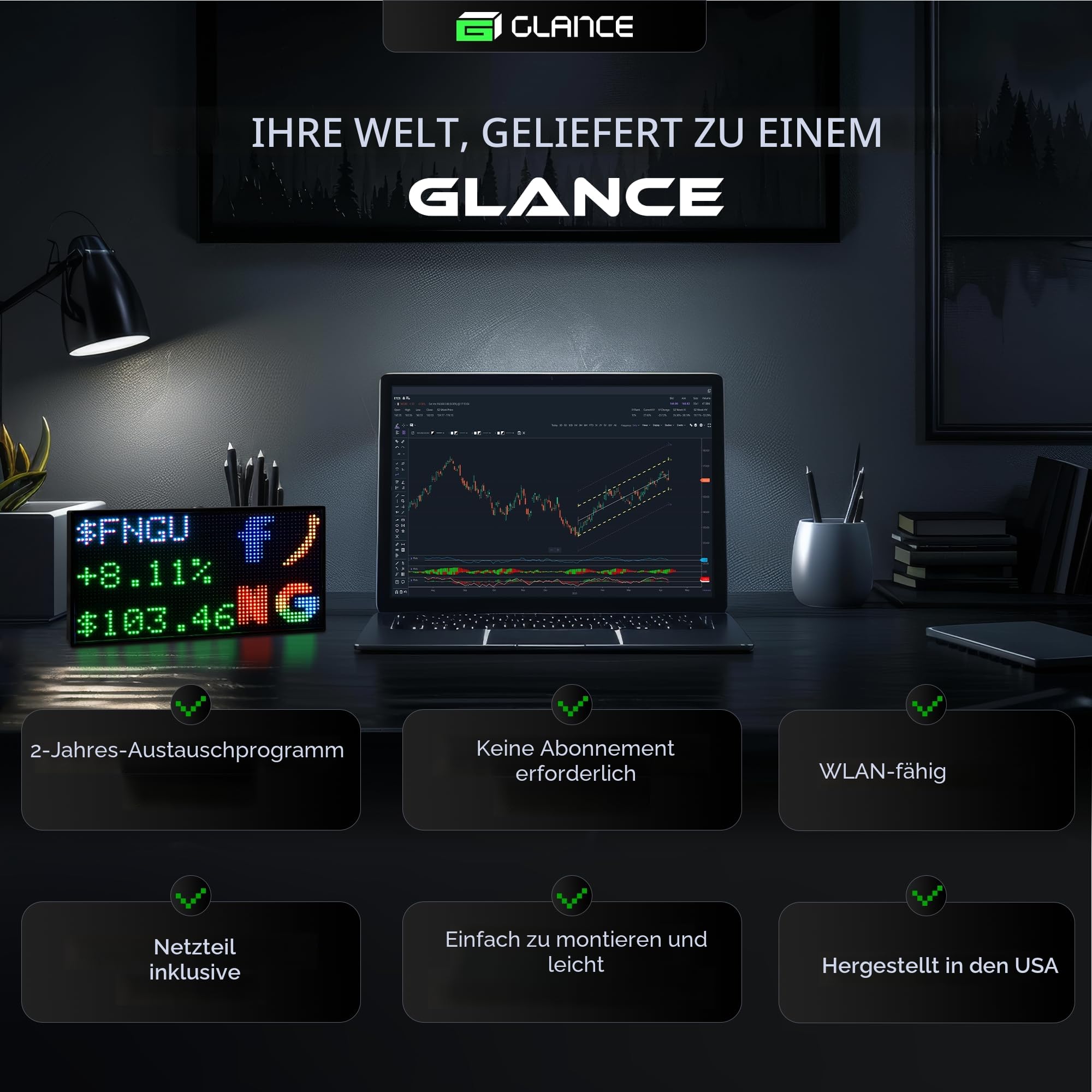 Glance LED Sport Ticker | 20,3 x 10,2 cm | Stock- und Crypto-Display | Digitales Retro-Uhrdisplay | Uhr