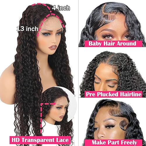Miniatura 2 de Pelucas de cabello humano ondulado profundo de 26 pulgadas con encaje frontal prearrancado pequeño de 13 x 4 HD, sin pegamento, pelucas de cabello