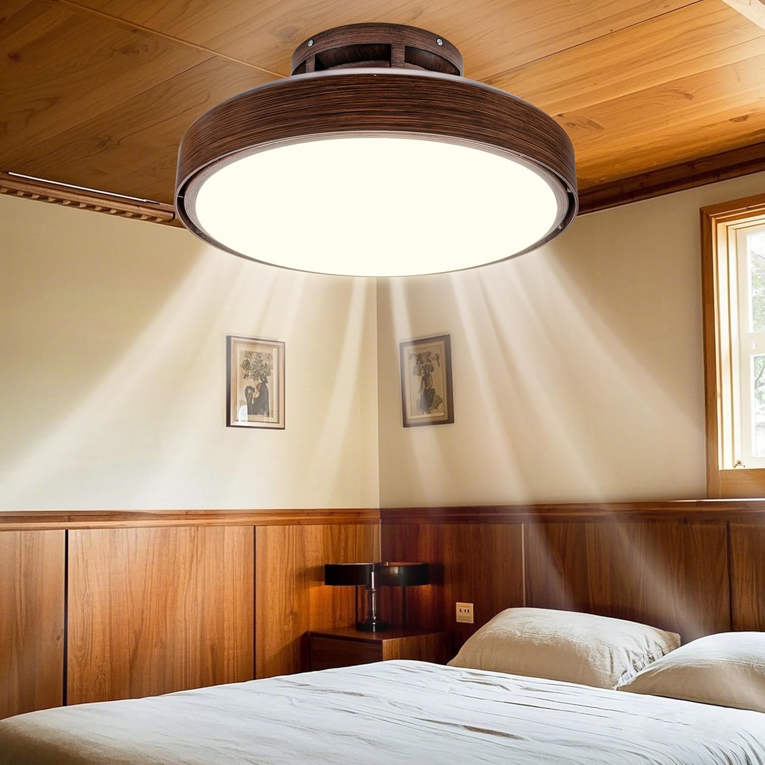 Bladeless Ceiling Fan with Light and Remote, White Modern Enclosed Ceiling Fan, Dimmable Led Bladeless Fan Light, Low Profile Flush Mounted Fan Indoor