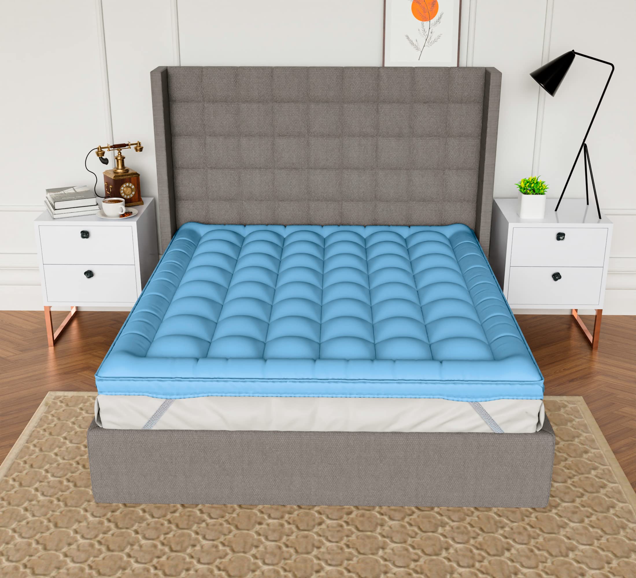 AVI2500 GSM Soft Cotton Mattress Padding/Topper for 5 Star Hotel Feel- Sky Blue- Large California King Size Bed-78 Inch X 84 Inch (Free 5 Pcs 3-Layer Mask)