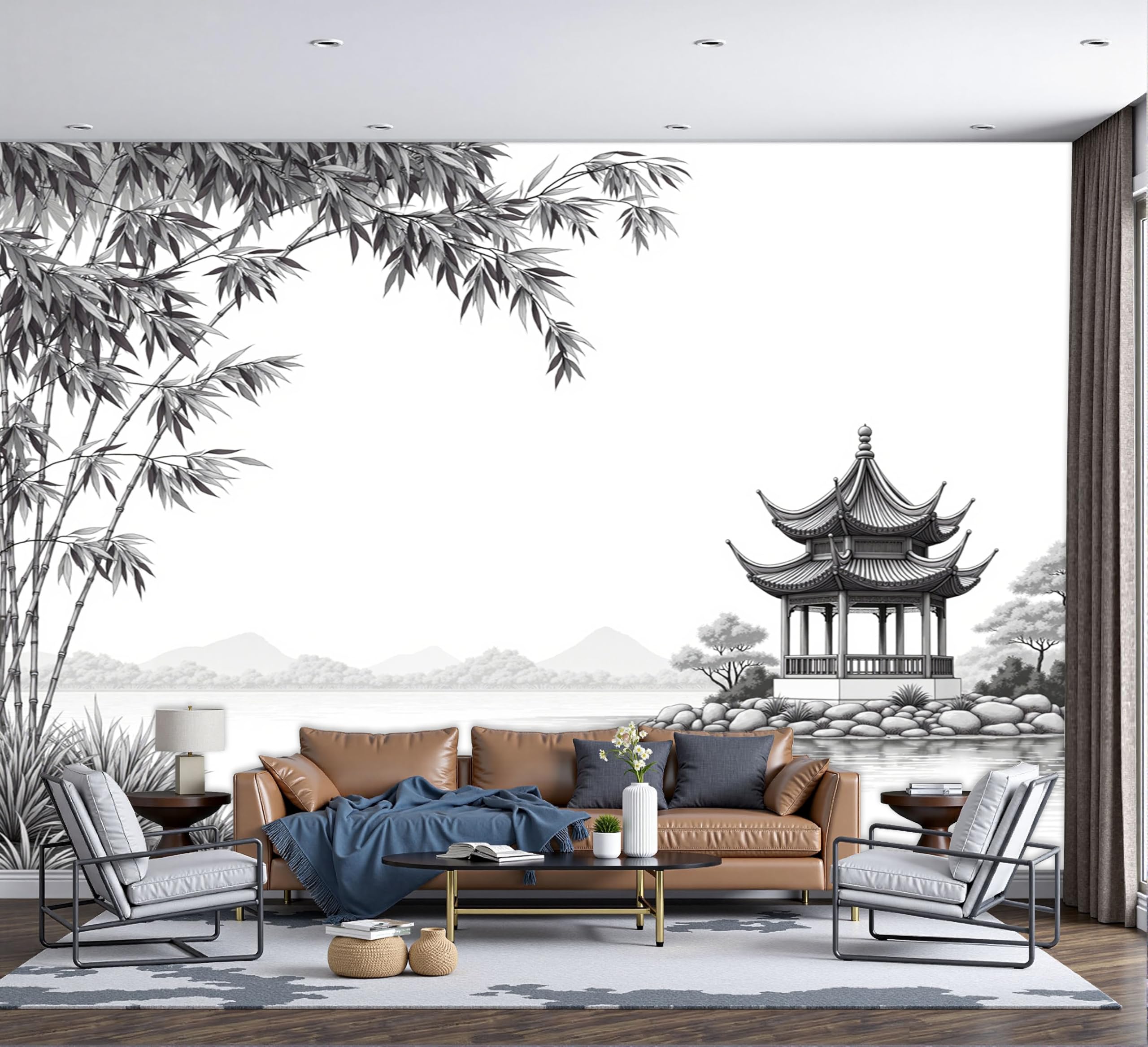 Papier peint panoramique pavillons et lacs pour rompre la monotonie des murs