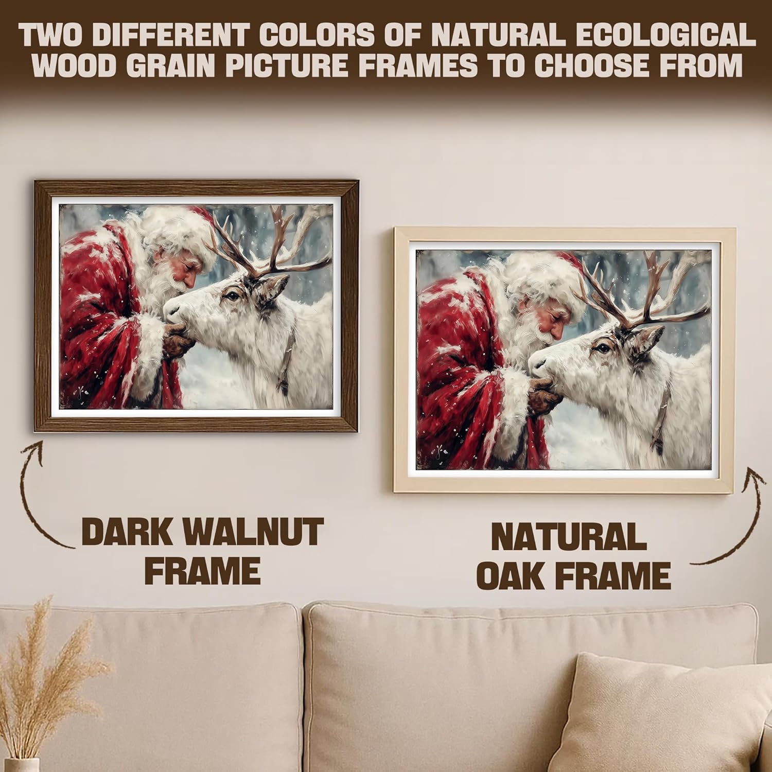 TABINDEX Christmas Framed Wall Art, Vintage Santa Claus Reindeer Canvas Art Print, Winter Painting Framed Santa Claus Pictures for Wall Decor, Snow Scene Artwork for Holiday Bedroom Decor 12x16 Inches